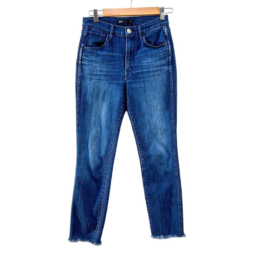 3x1 NYC Lou Wash Jeans Women's 27 Slim Straight Crop Raw Hem Blue Denim